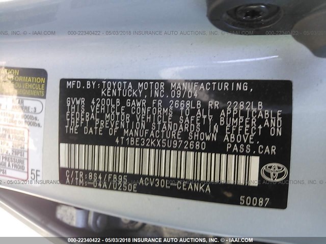 4T1BE32KX5U972680 - 2005 TOYOTA CAMRY LE/XLE/SE ღია ლურჯი ფოტო 9