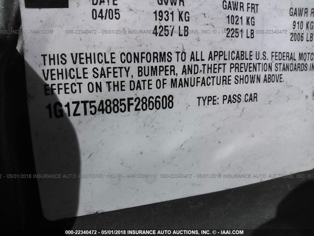 1G1ZT54885F286608 - 2005 CHEVROLET MALIBU LS ოქროსფერი ფოტო 9