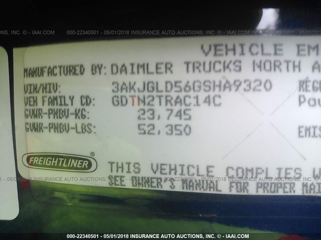 3AKJGLD56GSHA9320 - 2016 FREIGHTLINER CASCADIA 125  BLUE photo 10