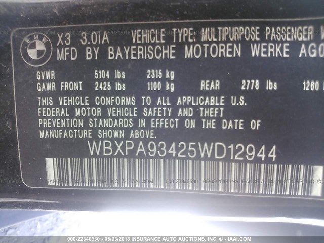 WBXPA93425WD12944 - 2005 BMW X3 3.0I BLACK photo 9