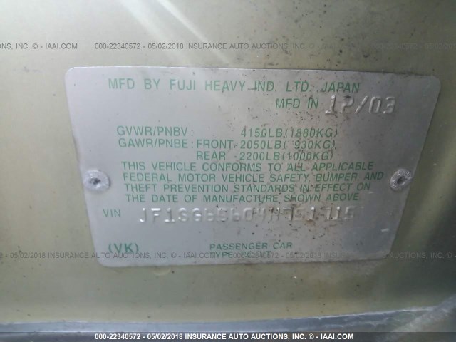 JF1SG65604H751715 - 2004 SUBARU FORESTER 2.5XS ოქროსფერი ფოტო 9