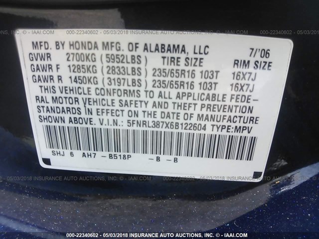 5FNRL387X6B122604 - 2006 HONDA ODYSSEY EXL BLUE photo 9