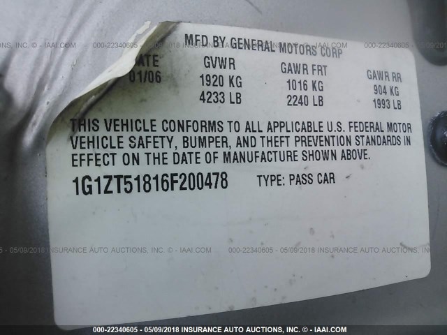 1G1ZT51816F200478 - 2006 CHEVROLET MALIBU LT SILVER photo 9