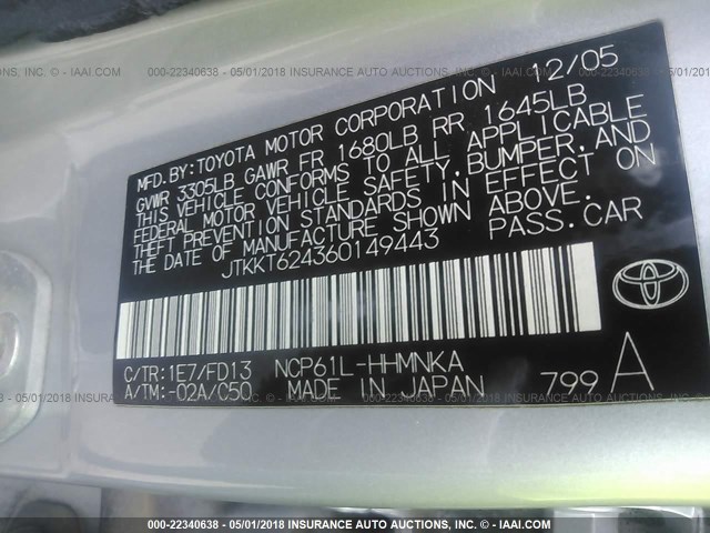 JTKKT624360149443 - 2006 TOYOTA SCION XA ვერცხლისფერი ფოტო 9