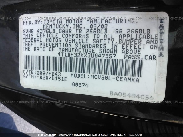 4T1BF32KX3U047357 - 2003 TOYOTA CAMRY LE/XLE/SE BLACK photo 9