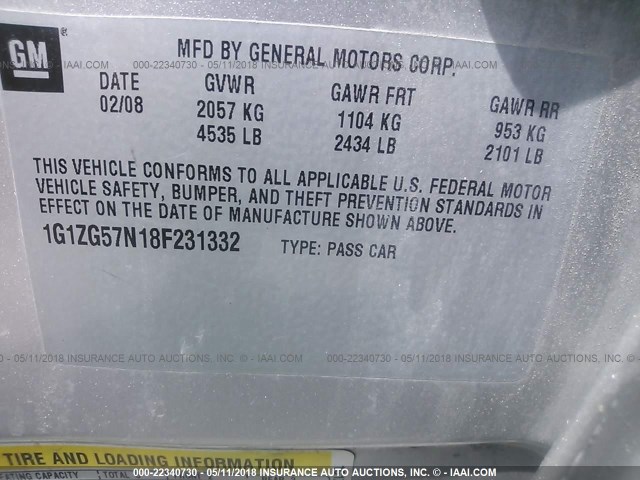 1G1ZG57N18F231332 - 2008 CHEVROLET MALIBU LS ვერცხლისფერი ფოტო 9