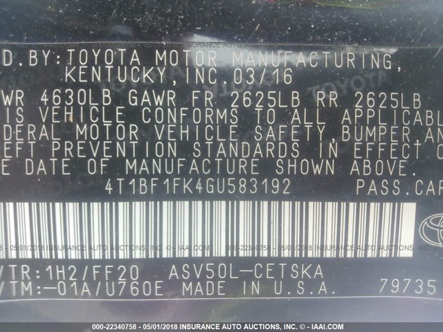 4T1BF1FK4GU583192 - 2016 TOYOTA CAMRY LE/XLE/SE/XSE BLACK photo 9