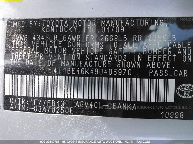 4T1BE46K49U405970 - 2009 TOYOTA CAMRY SE/LE/XLE 银色 照片 9