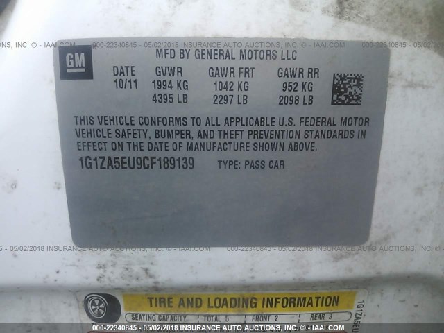 1G1ZA5EU9CF189139 - 2012 CHEVROLET MALIBU LS WHITE photo 9