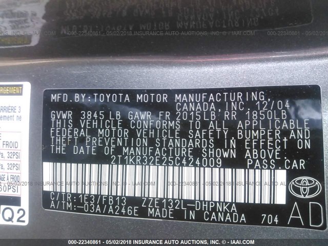 2T1KR32E25C424009 - 2005 TOYOTA COROLLA MATRIX XR GRAY photo 9