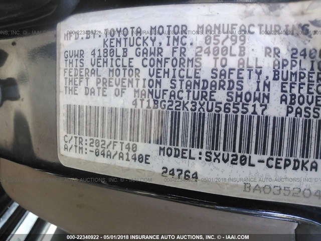 4T1BG22K3XU565517 - 1999 TOYOTA CAMRY CE/LE/XLE 黑色 照片 9