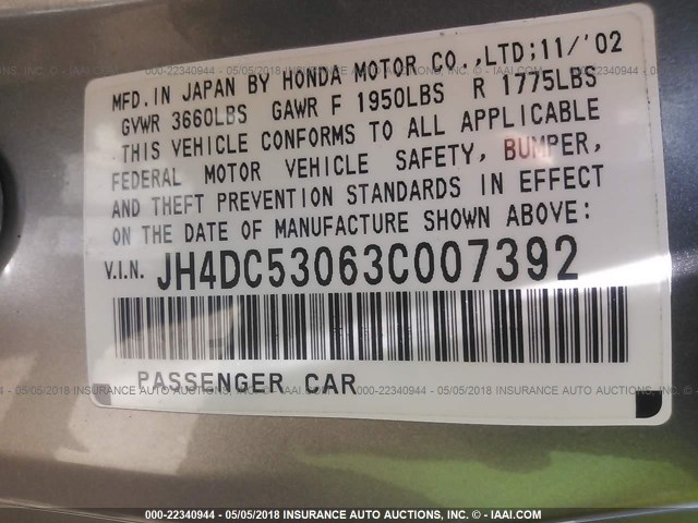 JH4DC53063C007392 - 2003 ACURA RSX TYPE-S SILVER photo 9
