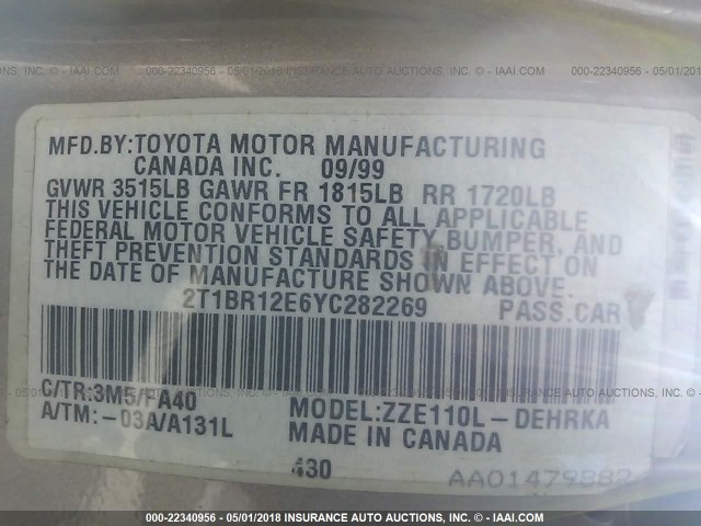 2T1BR12E6YC282269 - 2000 TOYOTA COROLLA VE/CE/LE TAN photo 9