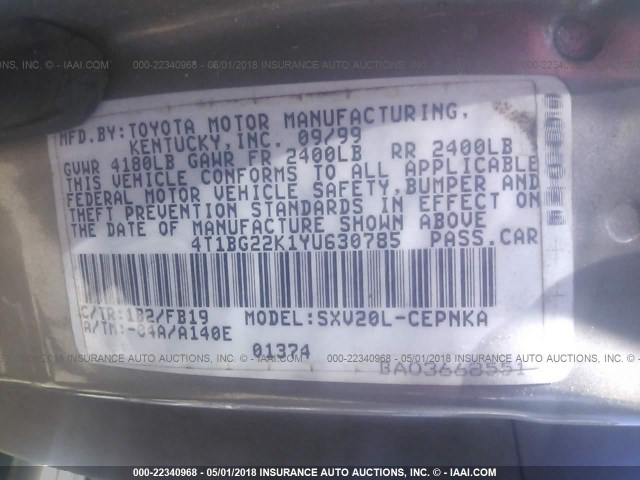 4T1BG22K1YU630785 - 2000 TOYOTA CAMRY CE/LE/XLE GRAY photo 9