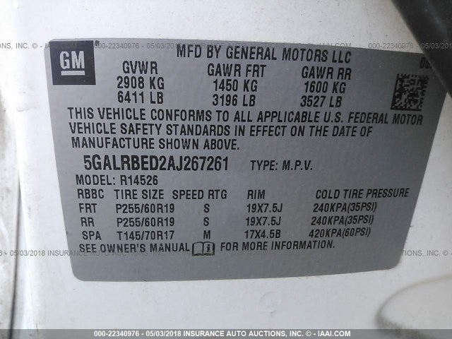 5GALRBED2AJ267261 - 2010 BUICK ENCLAVE CXL 白色 照片 9