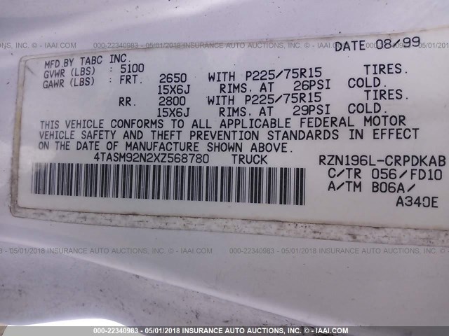 4TASM92N2XZ568780 - 1999 TOYOTA TACOMA XTRACAB PRERUNNER თეთრი ფოტო 9