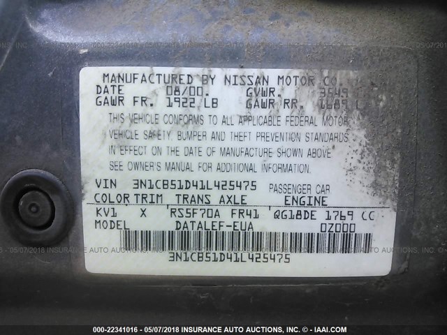 3N1CB51D41L425475 - 2001 NISSAN SENTRA XE/GXE GRAY photo 9