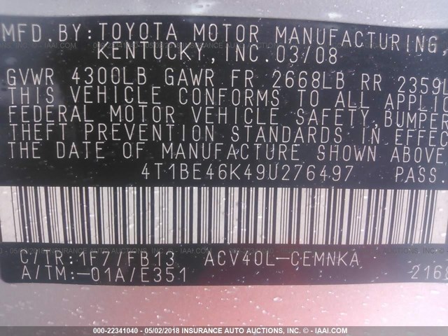 4T1BE46K49U276497 - 2009 TOYOTA CAMRY SE/LE/XLE 银色 照片 9