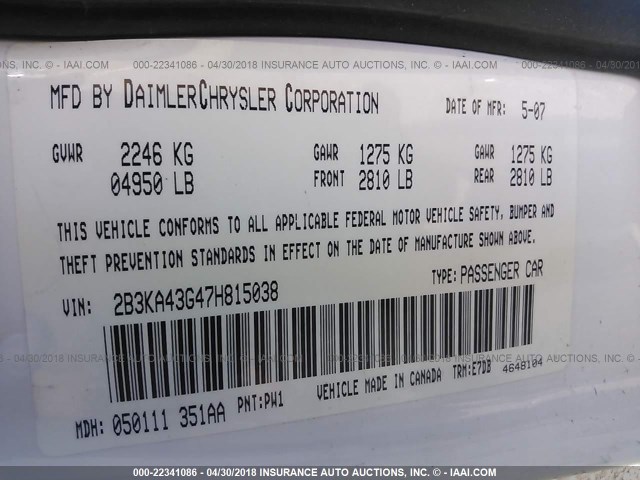 2B3KA43G47H815038 - 2007 DODGE CHARGER SE/SXT WHITE photo 9