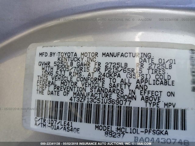 4T3ZF13C51U369077 - 2001 TOYOTA SIENNA LE/XLE SILVER photo 9