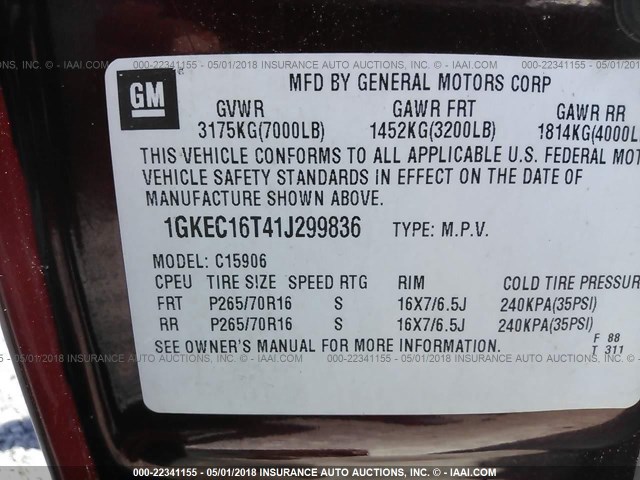 1GKEC16T41J299836 - 2001 GMC YUKON XL C1500 RED photo 9