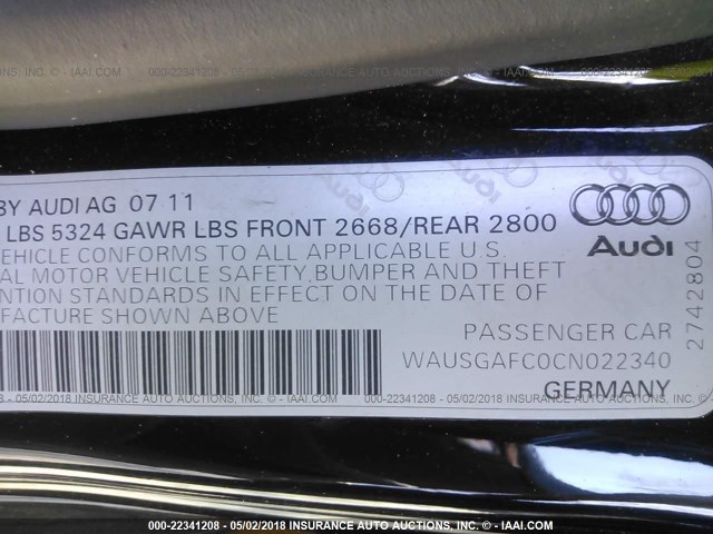 WAUSGAFC0CN022340 - 2012 AUDI A7 PRESTIGE BLACK photo 9