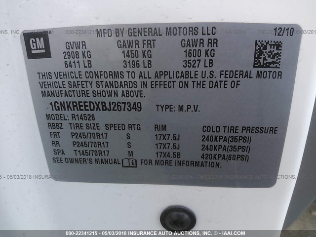 1GNKREEDXBJ267349 - 2011 CHEVROLET TRAVERSE LS WHITE photo 9