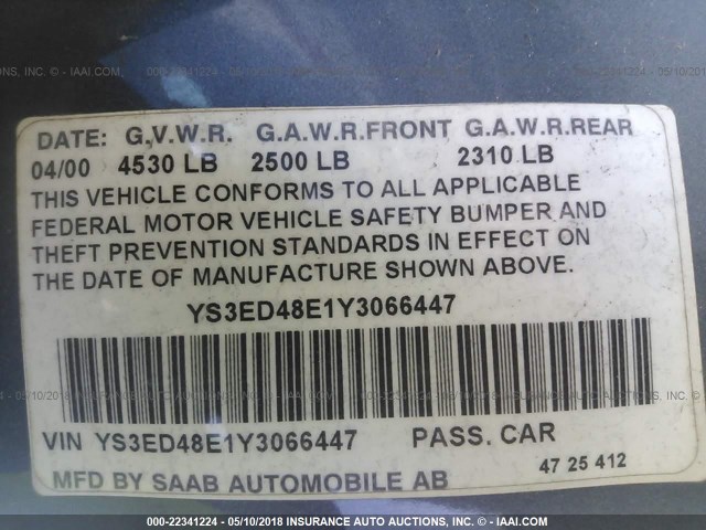 YS3ED48E1Y3066447 - 2000 SAAB 9-5 BLUE photo 9