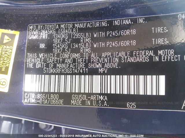 5TDKKRFH3GS147411 - 2016 TOYOTA HIGHLANDER XLE ლურჯი ფოტო 9