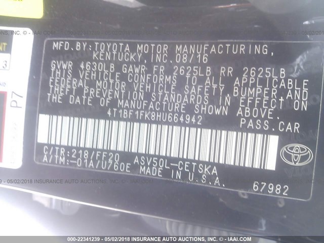 4T1BF1FK8HU664942 - 2017 TOYOTA CAMRY LE/XLE/SE/XSE BLACK photo 9