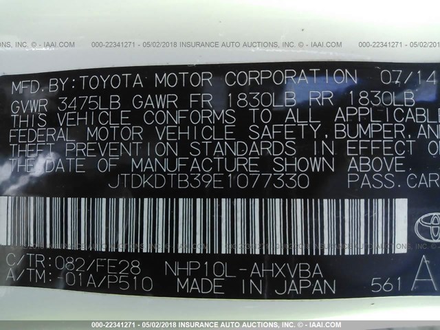 JTDKDTB39E1077330 - 2014 TOYOTA PRIUS C WHITE photo 9