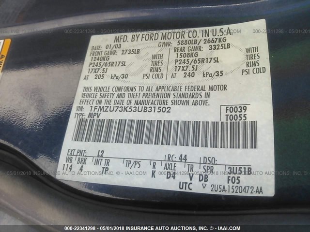 1FMZU73K53UB31502 - 2003 FORD EXPLORER XLT/XLT SPORT/NBX BLUE photo 9