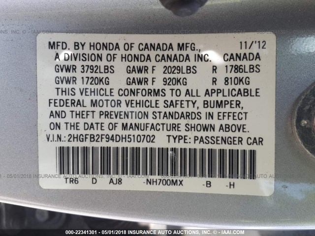 2HGFB2F94DH510702 - 2013 HONDA CIVIC EXL 银色 照片 9