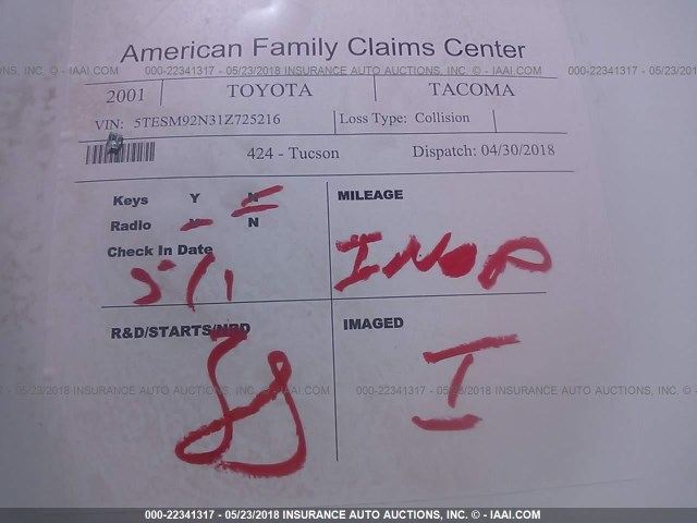 5TESM92N31Z725216 - 2001 TOYOTA TACOMA XTRACAB PRERUNNER თეთრი ფოტო 7