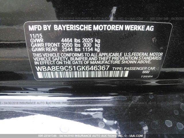 WBA8E9C51GK646367 - 2016 BMW 328 I SULEV BLACK photo 9