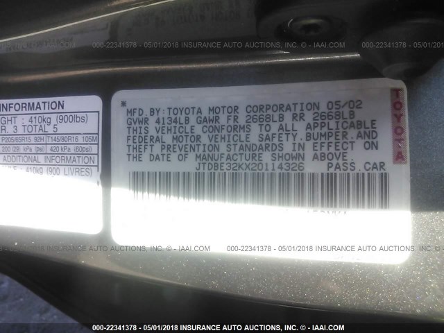 JTDBE32KX20114326 - 2002 TOYOTA CAMRY LE/XLE/SE ნაცრისფერი ფოტო 9