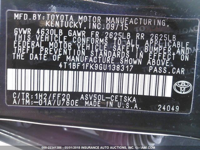 4T1BF1FK9GU138317 - 2016 TOYOTA CAMRY LE/XLE/SE/XSE GRAY photo 9