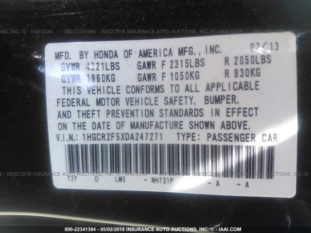 1HGCR2F5XDA247271 - 2013 HONDA ACCORD SPORT შავი ფოტო 9