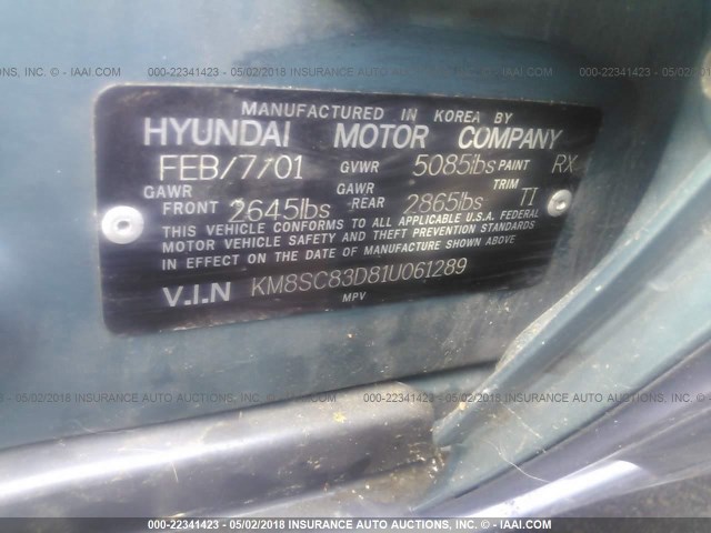 KM8SC83D81U061289 - 2001 HYUNDAI SANTA FE GLS/LX GREEN photo 9