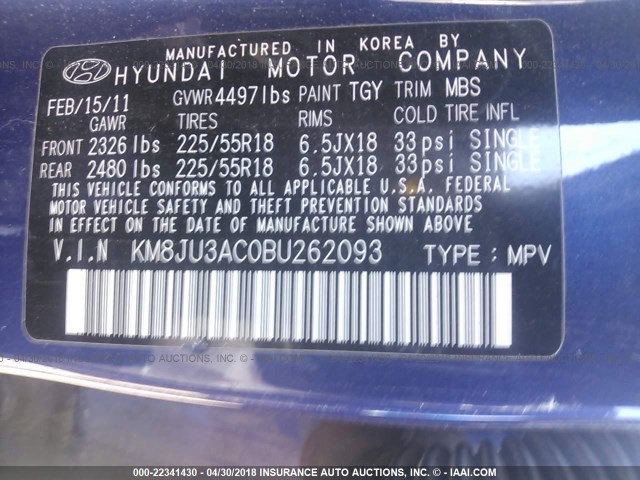 KM8JU3AC0BU262093 - 2011 HYUNDAI TUCSON GLS/LIMITED BLUE photo 9