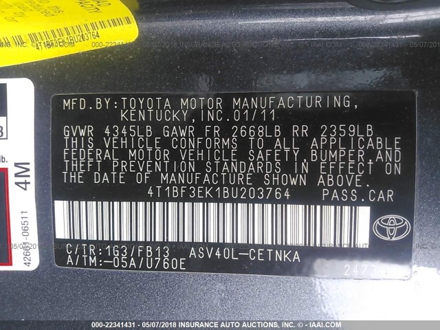 4T1BF3EK1BU203764 - 2011 TOYOTA CAMRY SE/LE/XLE GRAY photo 9