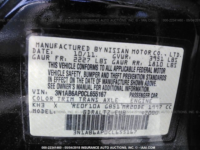 3N1AB6AP0CL655167 - 2012 NISSAN SENTRA 2.0/2.0S/SR/2.0SL BLACK photo 9