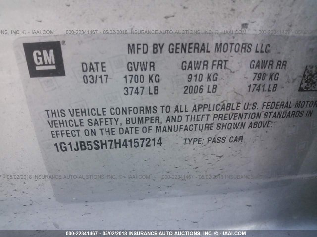 1G1JB5SH7H4157214 - 2017 CHEVROLET SONIC LS 银色 照片 9