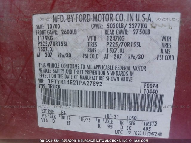 1FTYR14E21PA27892 - 2001 FORD RANGER SUPER CAB RED photo 9