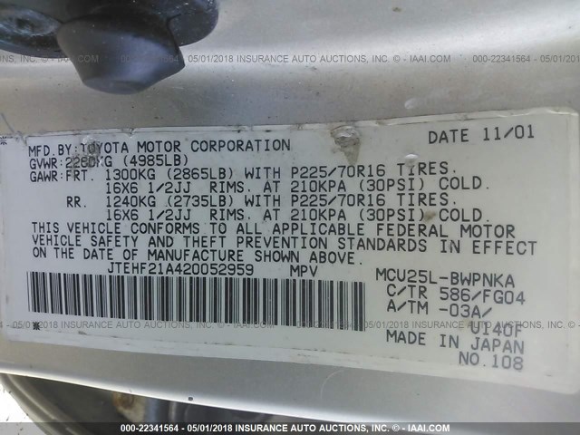 JTEHF21A420052959 - 2002 TOYOTA HIGHLANDER LIMITED GOLD photo 9