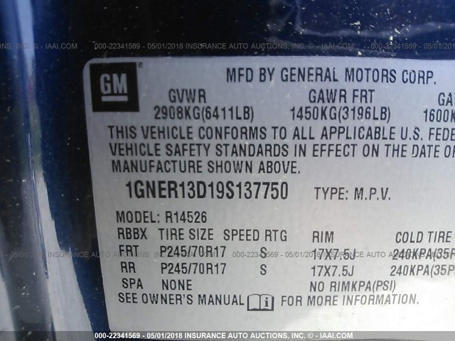 1GNER13D19S137750 - 2009 CHEVROLET TRAVERSE LS BLUE photo 9