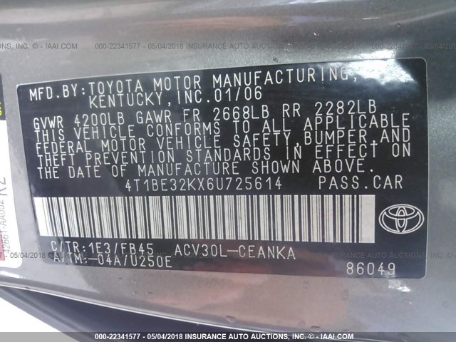 4T1BE32KX6U725614 - 2006 TOYOTA CAMRY LE/XLE/SE 灰色 照片 9