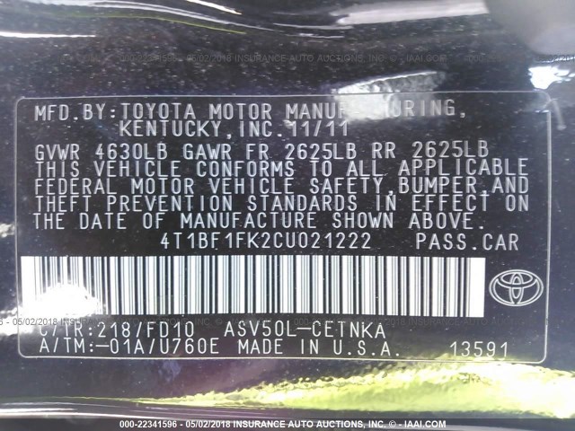 4T1BF1FK2CU021222 - 2012 TOYOTA CAMRY SE/LE/XLE BLACK photo 9