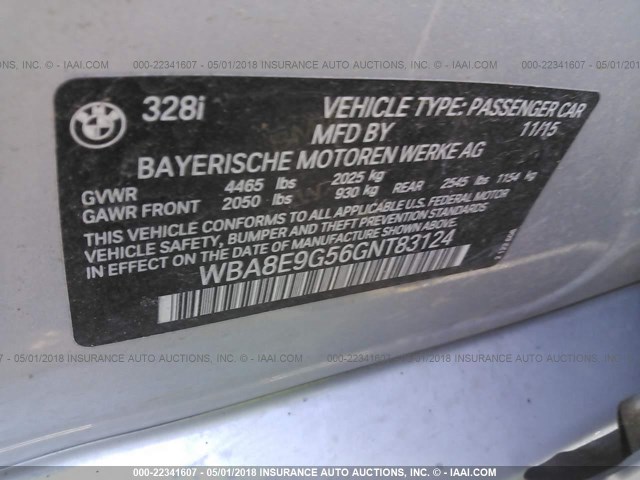 WBA8E9G56GNT83124 - 2016 BMW 328 I SULEV SILVER photo 9