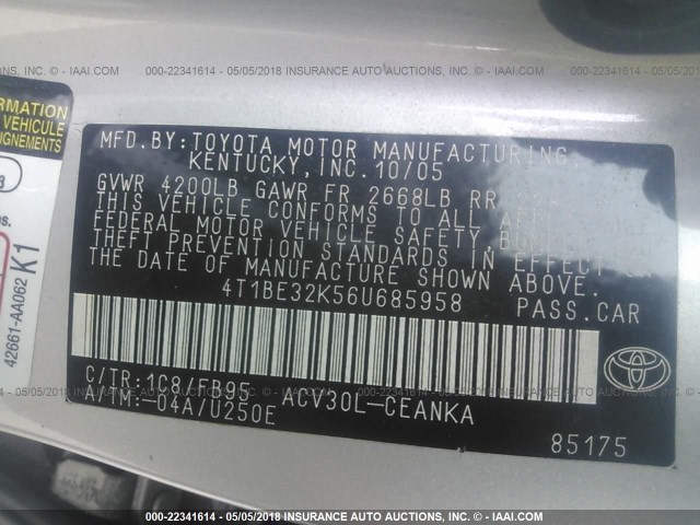 4T1BE32K56U685958 - 2006 TOYOTA CAMRY LE/XLE/SE 灰色 照片 9